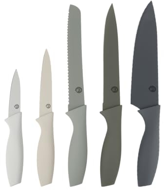 MasterChef Messerset, Küchenmesser Set ink. Kochmesser, Gemüsemesser, Schälmesser, Schneidemesser & Brotmesser, Scharfe Messer Edelstahl, Antihaftbeschichtete, Soft-Touch-Griffe, 5-teilig, Grau