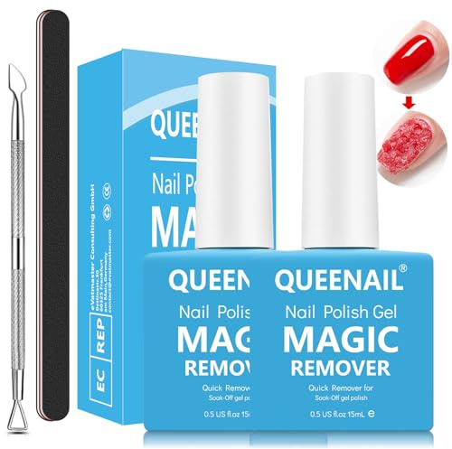 2 Pièces 15 ml Dissolvant Vernis Semi Permanent, Dissolvant de Vernis à Ongles en Gel, Enlève le Vernis Gel avec Poussoir et Grattoir à Cuticules, Retirer après 3-6 minutes