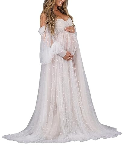 WSEYU Abito Premaman Tulle Perla per Photoshoot Manica Lunga Sbuffo Off Spalla Babyshower Abiti da Sposa Gravidanza, avorio, 46