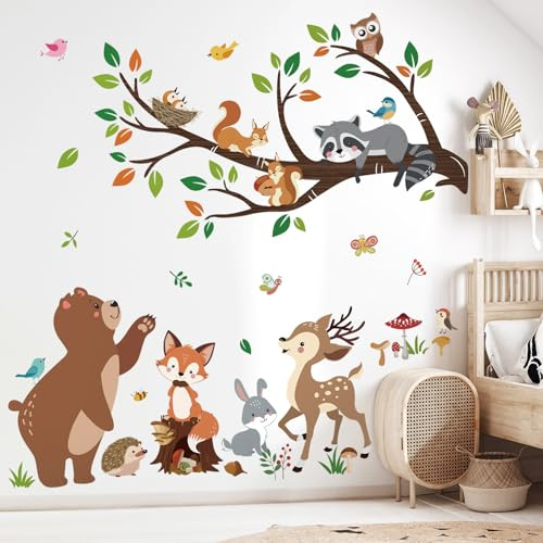 decalmile Stickers Muraux Animaux Forêt Arbre Branche Autocollant Mural Ours Renard Cerf Décoration Murale Bébé Pépinière Chambre Enfants