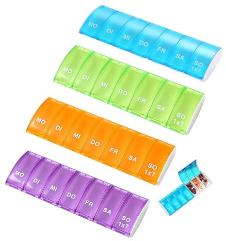 4 Stück Tablettenbox 7 Tage,Tabletten Organizer 7 Tage,Klein Pillenbox Fächer,für Medikamentenbox,Pillendose Tablettendose Pill,Tablettenteiler Woche,7-Tage-Medikamentenbox,Mini Organiser Regenbogen