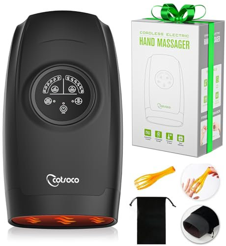 cotsoco Hand Massager with Heat and Compression, 6 Levels Hand Therapy for Arthritis and Carpal Tunnel Relief, Finger and Wrist Cordless Massager Machine for Pain Relief, Gifts for Women Men, Black