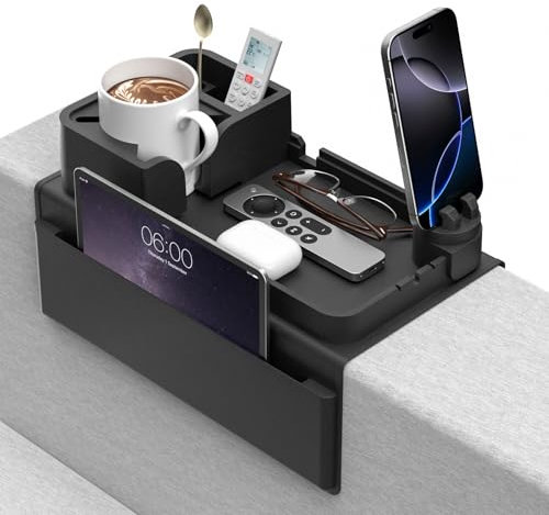 Couch Cup Holder - Anti-Slip Sofa Armrest Tray with Dual Side Pockets - Silicone Anti-Spill Sofa Drink Holder Arm with Phone Holder - Couch Arm Tray for Cup, Phone, Tablet, Remote Control Snack, Black