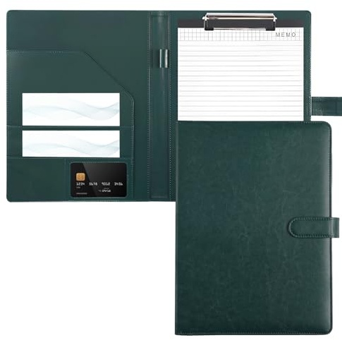 Klemmbrett A4 mit Deckel – Premium Klemmbrettmappe aus PU-Leder, Schreibmappe A4 mit Dokumentenfächern, Stiftehalter & Magnetverschluss – Strapazierfähige Konferenzmappe (Grün)