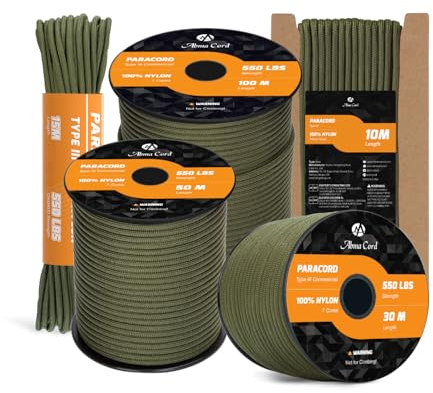 Abma Cord Paracord 550 4mm 10M 100% Nylon Seil Typ III Schnur mit 7 Kern für Basteln, Camping, Survival, Outdoor - Max. 250kg (550lbs) - Armee Grün