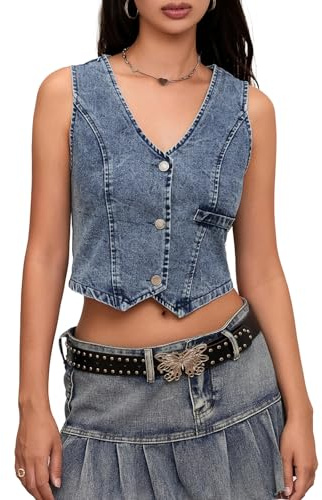 SYHVGI Women's Summer Denim Waistcoat Jackets Solid Color Sleeveless V-Neck Button Front Slim Vest (Dark Blue, L)
