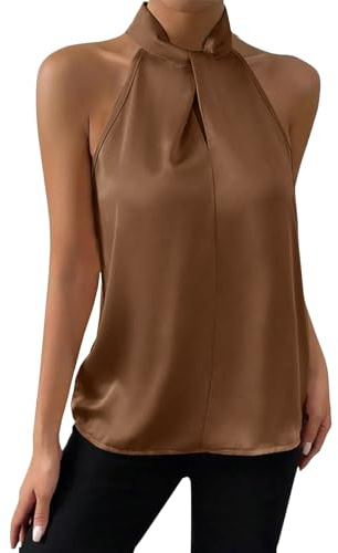 Top halter mujer elegante satén sin mangas camiseta mujer hombros descubiertos top mujer blusa monocolor mujer tops verano tops ligero y delgado blusa de verano, marrón, M