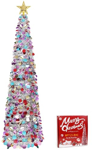 YHANEC Árbol de Navidad Artificial, 1,8 m/6 pies, Plegable con oropel y Soporte, árbol de Navidad Reutilizable para Decoraciones navideñas, hogar, Oficina (Multicolor)