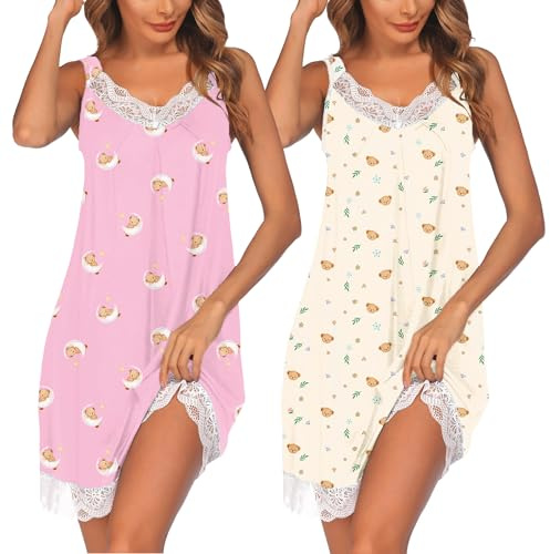 Ekouaer Women's Nightgown V-neck Chemise Sleepwear Lace Nightwear Soft Lingerie for Women 2pcs Teddy Bear Beige Pink XL