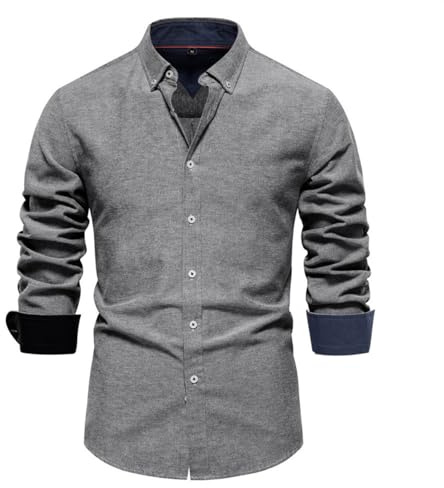 Allthemen Camisa de Vestir Formal Hombre Slim Fit Shirts Manga Larga de Algodon con Botones Solidos Negocios Gris M