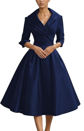 Vhersily 2025 Vestito Vintage Anni 50 60 Stile Hepburn Intura Monopetto A-Line Ricamo Manica Lunga Abiti con Scollo V Midi Vestito da Cocktail Banchetto Formale Ufficio per Matrimoni, Cerimonia