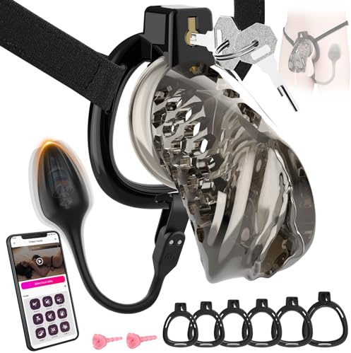 Male Chastity Cage with Vibrator – Penis Cage with 6 Sizes of Rings & Straps, 10 Vibration Modes, App Control, Lightweight Hollow & Breathable Design, Chastity Device for Men (Black)