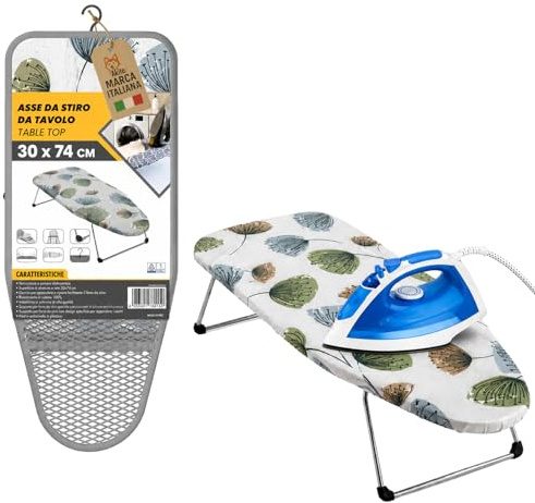 AkitaInk Asse da Stiro da Tavolo TABLE TOP 74x30 cm, Asse da Stiro Compatto in Acciaio con Gancio, Copertura in Cotone Fantasia