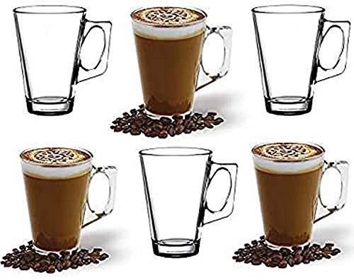 ANSIO Large Latte Glass Coffee Cups - 375ml (12.6 oz) -Pack of 6 Latte Glasses - Compatible with Tassimo Machine