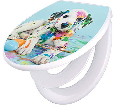 banjado Familien WC Sitz mit Absenkautomatik 44,5x37cm / Klodeckel/Klobrille mit Kindersitz aus hochwertigem Polypropylen/Toilettensitz Kindersitz integriert Motiv Bunter Dalmatiner