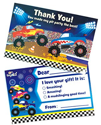 TINYMILLS Monster Truck Birthday Fill In The Blanks Thank You Cards with Envelopes Set (Pack of 25) Premium Double Sided Cardstock Notes Birthday Thank You Cards