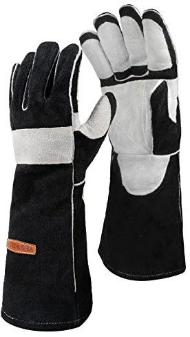 YESWELDER 16 Inches,932℉,Leather Forge MIG Welding Gloves, with Kevlar Stitching Heat/Fire Resistant, Palm Reinforcements, Black-Gray