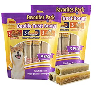 Ultra Chewy Favorites Double Treat Bones, Made in The USA, Healthy Treats, Easy to Digest, Promotes Dental Health (Assorted Flavors, 2 Packs/9 Bones Per Pack)