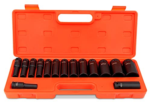 Jeu de 15 Douilles à Percussion 1/2, 10-32 mm, Six Pans Creux, Métriques avec Emmanchement 1/2