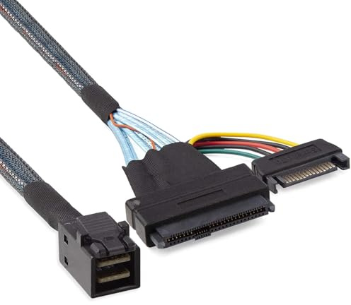 10Gtek Mini SAS SFF-8643 to U.2 SFF-8639 Cable, PCIe 4.0 X4 85 Ohm with 15-Pin SATA Power for NVMe SSD Hot-Swap, 0.5m/1.6ft