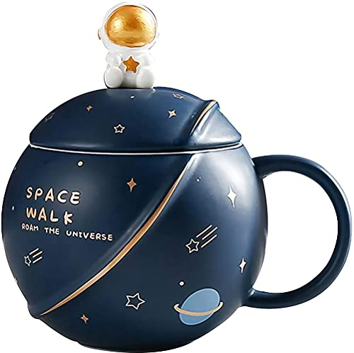 Webao Keramik Wasser Tee Tasse mit Löffel und Deckel Porzellantasse Milch Kaffeetasse für Home Office 400ml, Dunkelblau