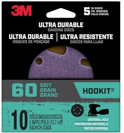 3M Ultra Durable 5 in Power Sanding Discs, Universal Hole, 60 Grit, 10/Pk