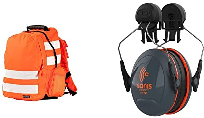 Portwest Hi-Vis Rucksack, Size: One Size, Colour: Orange, B905ORR & JSP Sonis Compact Helmet Mounted Ear Defenders - SNR 31 - (AEB030-0CY-000)