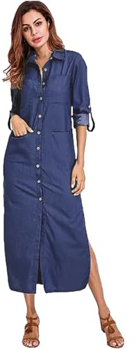 amropi Abito Donna Jeans Denim Lungo Camicia Vestito a Maniche Lunghe Maxi Abiti Marina,XL