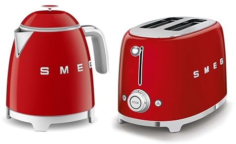 Smeg 50’s Style Retro Range Breakfast Set, 0.8L 1400W Mini Kettle and Multi-Functional Control 2-Slice 950W Toaster, Red, KLF05RDUK/ TSF01RDUK
