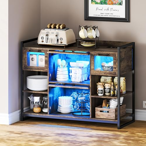 Lvifur LED Küchenschrank Buffetschrank Sideboard mit Steckdose, Landhausstil Vorratsschrank mit USB Type-C, Mehrzweckschrank Automatischem Sensor 3-Farben Dimmbares Bücherregal 100×40×75cm