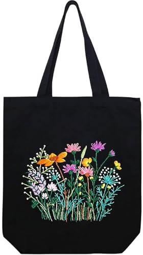 Stickerei Set für Leinen-Tragetaschen, Stickset Tragetasche mit Muster und Anleitung für Anfänger, Schwarz Tote Bag Stickset mit Blumenmuster Farbfäden Stickrahmen und Werkzeug für DIY Kunst, Handwerk