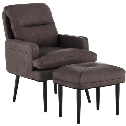 TUKAILAi Sillón de Relax con Reposapiés, Sillón Reclinable con Respaldo Ajustable 180°, de Televisión Piel Sintética Marco en Metal para Lectura Dormitorio (Marrón Claro)