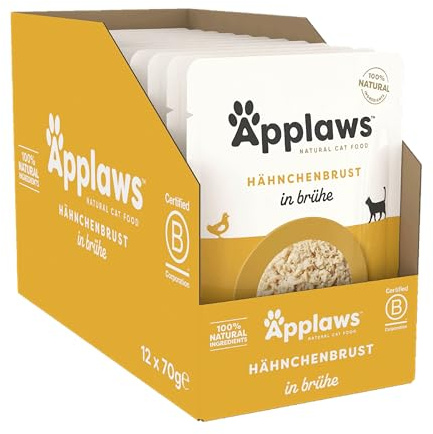 Applaws 100% naturlig våt kattmat, buljongkycklingbröst - förpackning med 12 fickor på 70 g