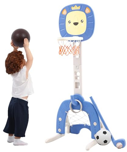 Basketball Hoop Stand Set for Kids 4 in 1 Sports Activity Center Grow-to-Pro Adjustable Height from 48'' to 59'' Easy Score Football Golf Ring Toss Game Indoor Outdoor for Toddlers Boys Girls