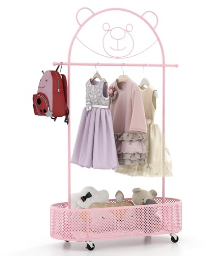 COSTWAY Appendiabiti per Bambini con 3 Altezze Regolabili, Supporto per Abiti con Ruote, con Asta e Cesto Portaoggetti in Ferro, per Stanza dei Bambini Soggiorno, 81x34x182 cm (Rosa)