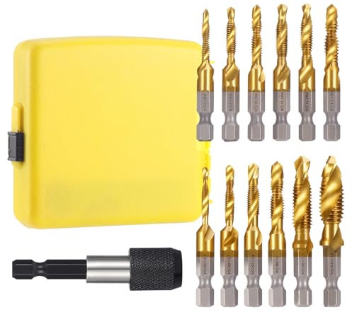 13PCS Drill Taps for Metal, SAE/Metric Thread M3-M10 Combination Drill and Tap Set HSS Thread Tap Drill Bit Set with Tap Adapter Tapping and Threading Tool for Wood Metal Plastic Aluminium