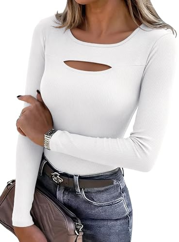 Aottori Camiseta de Mujer Manga Larga Acanalado Elástico con Cuello Redondo | Detalle Cut Out, Corte Ajustado, Tejido Ligero, Estilo Casual, Estilo Elegante, Forma de Túnica