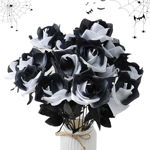 Darryy Bouquet Rose Halloween, Rosa Nera Finta Halloween, Decorazioni Rosa, Per Bouquet da Sposa e Decorazioni Natalizie (10, Bianco nero, 30)