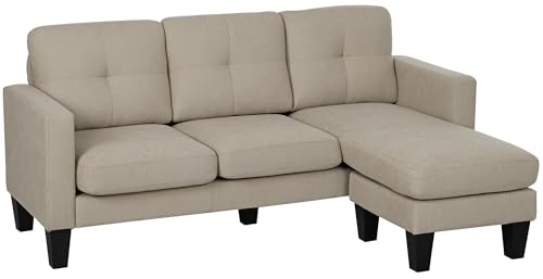 HOMCOM Canapé d'angle 3 Places méridienne réversible Droite ou Gauche, Salon, Grand Confort, Dossier capitonné, Beige