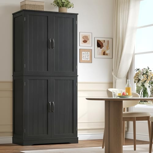 HOCSOK Credenza Cucina Alta, Mobile Dispensa Cucina con 4 Ante, 180x80x40 cm, Mobile Armadio Per Soggiorno, Sala da Pranzo, Camera da Letto, Nero