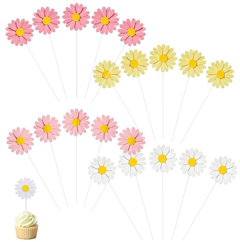 20 stycken tusenskönor, tårtdekoration, flerfärgad blomma, pappersmugg, tårtdekoration, tusensköna cupcake, toppare, tårtdekorationer för Happy Birthday, festdekoration, bröllopstårta (ljusrosa, vit
