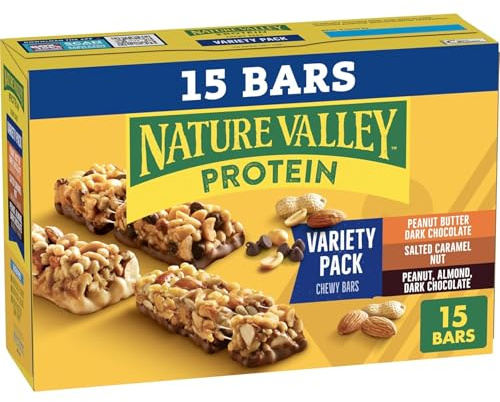 Nature Valley Protein Bars Variety Pack, Gluten Free Chewy Granola Snack Bars, 10g Protein, Peanut Butter Dark Chocolate, Salted Caramel Nut, Peanut Almond Dark Chocolate, 15 Count, 21.3 oz Box