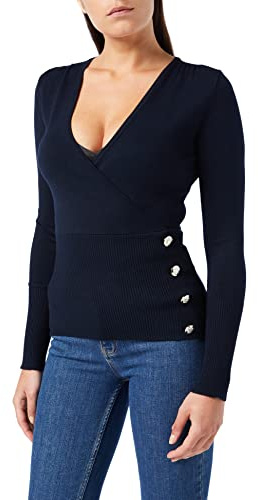 Morgan 182-mojo.n Pull fin ajusté boutonnage asymétrique MOJO Femme,Bleu (Marine 301),M