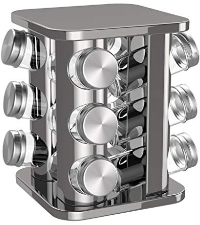 bonVIVO Porta Spezie Per Cucina - Portaspezie Salvaspazio Girevole In Vetro E Acciaio Inox - Organizer Spezie Con 12 Barattoli Per Spezie Ermetici - Porta Spezie Girevole Da Cucina, Argento