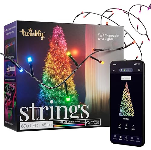 Twinkly Strings 600 LED RGB, Striscia di Luci LED per Esterno e Interno, Luci Smart Multicolore, Compatibile con Alexa e Google Home, Luci Mappabili, IP44, Controllo App, Filo Nero, 48m