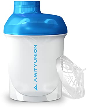 AMITYUNION Protein Shaker Weiß Blau Deluxe 400 ml - Eiweiß Shaker auslaufsicher - BPA frei mit Sieb & Skala für Cremige Whey Proteinpulver Shakes - Gym Fitness Bottle für Isolate & Trainings Booster