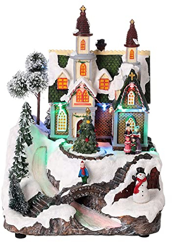 Holyart Villaggio natalizio neve chiesa albero movimento luci led 30x20x20 cm