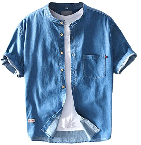GIBZ Herren Jeanshemd Baumwolle Casual Button Down Kurzarm Sommerhemden, Navy Blau, XL