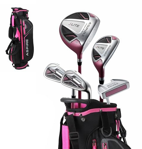Aspire X-Lite Super Performance Junior Golf Club Set - Right-Handed Kids Golf Set with Driver, Hybrid, 7 Iron, Putter, Stand Bag & Headcovers - Pink Ages 9-12