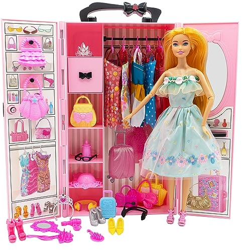 Yutoy Puppen Kleiderschrank Set für Puppe Kleidung, für 11,5 Zoll Mädchen Puppen, 63 Zubehör, Einschließlich Puppenschrank, Kleid, Schuhe, Taschen, Kleiderbügel, Kopfschmuck, Kamm, Spiegel